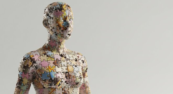 Humanity Puzzle: A striking visual representation of the human form constructed entirely from interlocking puzzle pieces, suggesting complexity, connection.