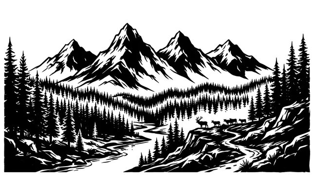 Majestic mountain landscape with pine forest river and wildlife engraving vector art, mountain