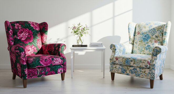 Floral Armchairs in a Sunlit Room: Two elegant wingback armchairs, adorned with vibrant floral patterns, are positioned in a bright, airy room, with sunlight casting playful shadows.