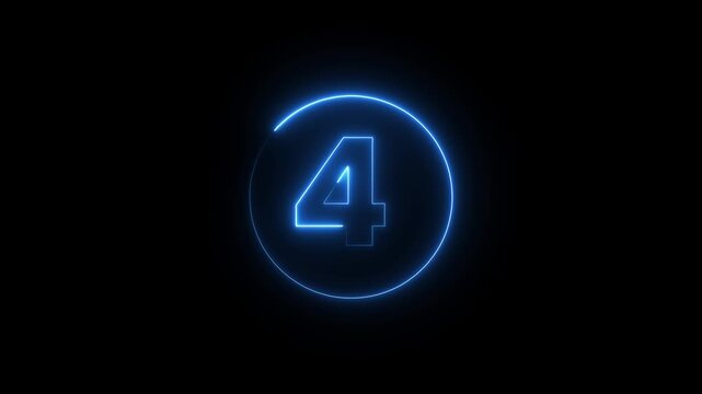 Neon blue number four glowing inside circle on black background for countdown animation.