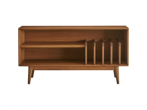 A mid-century style wooden storage cabinet with open shelving and vertical dividers, light brown wood finish, isolated on a white background isolated on a transparent background.