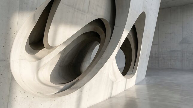 Architectural close-up of sculpted concrete structures featuring smooth, futuristic organic openings and sweeping curves bathed in bright directional daylight and soft shadows indoors.