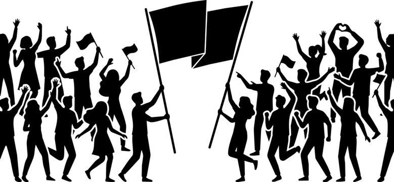 Crowd silhouette of people waving flags and cheering vector graphic background with silhouette cheering background illustration supporters