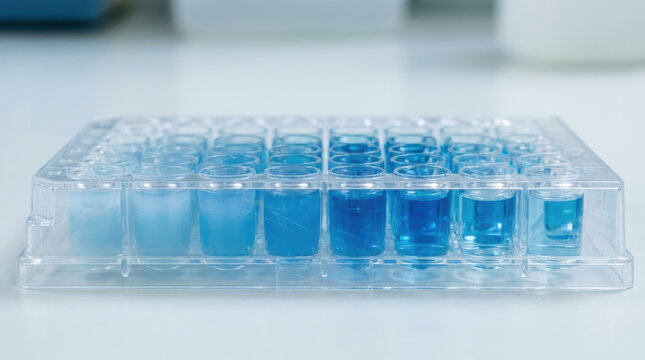 Antimicrobial resistance testing with blue liquid in transparent plastic microplate for laboratory analysis and scientific research