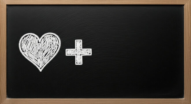 Heart plus symbol on chalkboard suggesting healthy lifestyle hypertension awareness and positive care