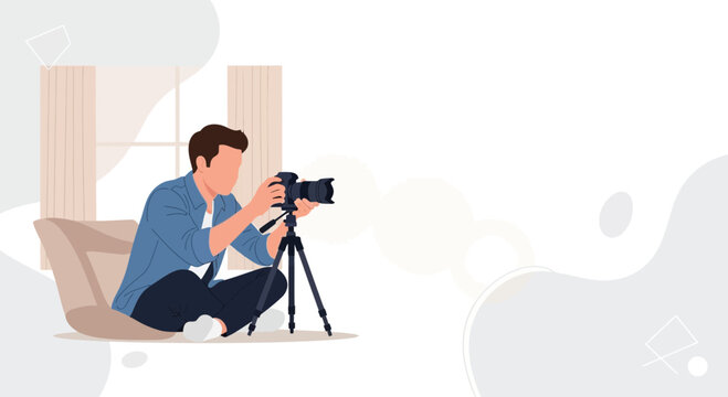 Man holding DSLR camera on tripod, vector illustration. Photographer sitting indoors, capturing moments, hobby and creative pursuit concept.