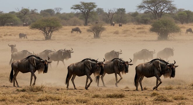 Wildebeest Migration in Savannah: A herd of wildebeest thunders across the dusty African savannah, their powerful forms silhouetted against the dry landscape, a timeless spectacle of nature's rhythm.