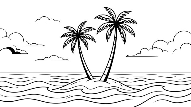 Simple black and white outline drawing of a tropical island with palm trees in the ocean
