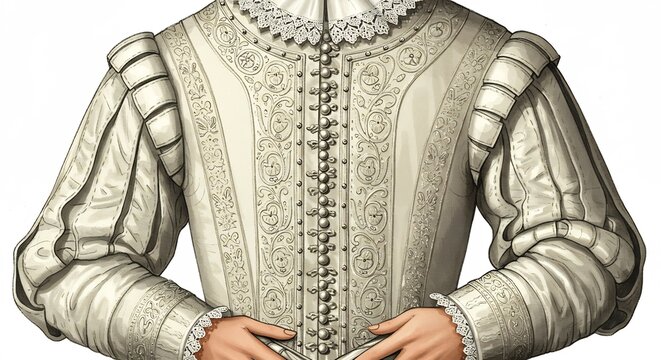 Renaissance Gentleman's Attire: An exquisite and detailed illustration of a gentleman's garment from the Renaissance period, showcasing intricate embroidery, puffed sleeves, and a ruffled collar.