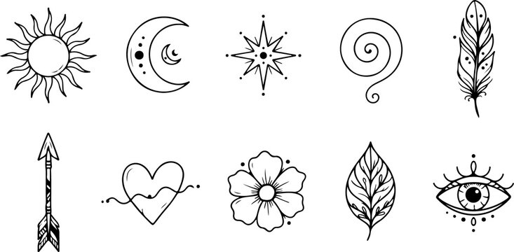 Bohemian celestial symbols and icons like sun moon star feather arrow and eye for mystical design.