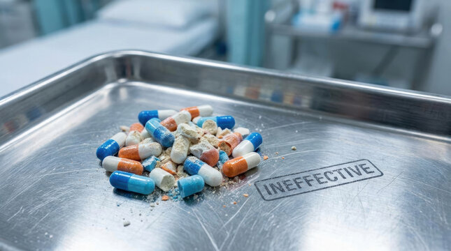 Antimicrobial resistance testing highlights ineffective antibiotic capsules on metal tray showing drug failure in medical research and treatment