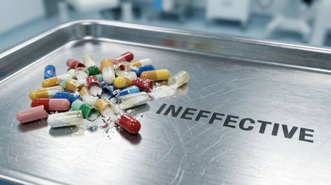 Antimicrobial resistance testing concept with broken capsules on metal tray showing ineffective medication and health risk
