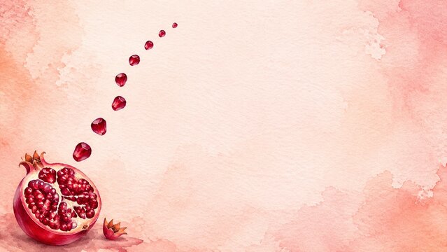 Watercolor pomegranate with scattered seeds on coral pink background