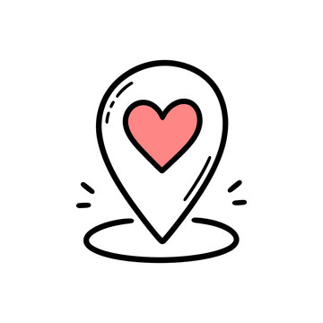 A cute doodle style map pin illustration featuring a pink heart in the center representing love for a specific place or wedding venue location