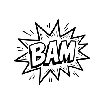 A dynamic hand drawn comic book speech bubble featuring the word bam with sharp jagged edges and action lines representing a loud impact or explosion