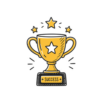 A vibrant hand drawn sketch of a gold winner trophy cup featuring stars and a success plaque on a white background
