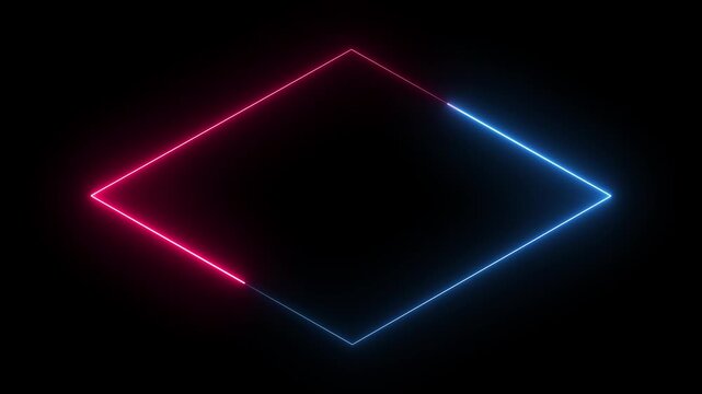 Glowing neon pink and blue isometric diamond frame animation. Futuristic geometric border for gaming screen. 4K motion video.