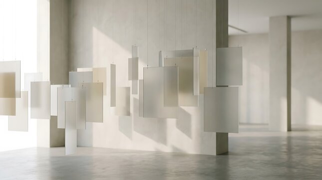 Abstract installation of translucent glass panels floating in a spacious modern architectural room, creating geometric shadows and light interplay on concrete walls and floor.
