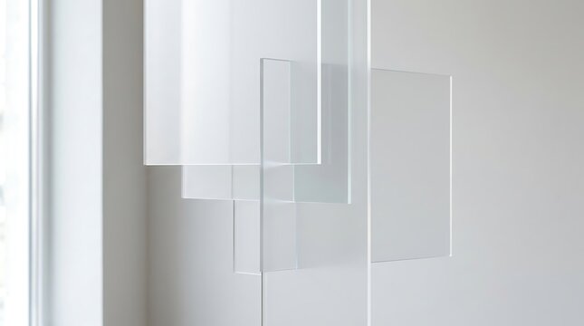 Close-up view of clear acrylic glass sheets hanging layered near a window, casting subtle shadows and light reflections on a plain white wall in a bright minimalist interior.