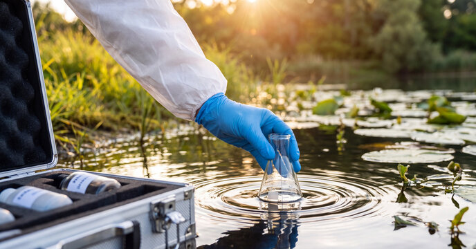 Scientist collecting water sample into glass flask from natural pond outdoors using protective suit and blue gloves for analysis