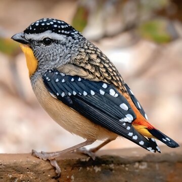 Male spotted pardalote Australian native bird perched outdoors close up view
