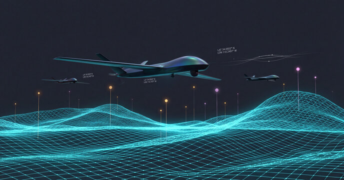 Military surveillance drones flying over digital wireframe landscape with holographic mapping data interface against a dark blue background visualization
