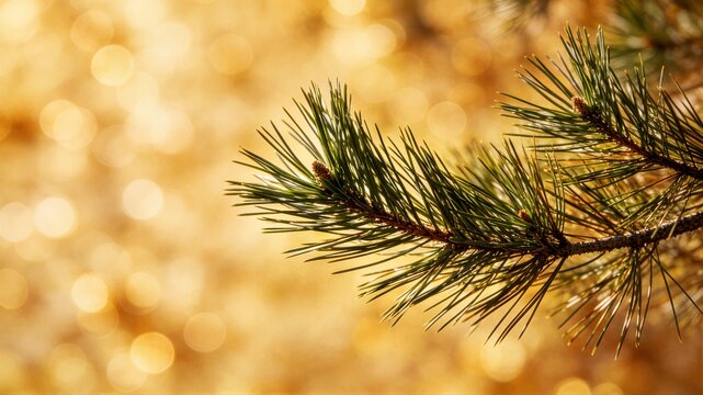 Vibrant green pine branch with tiny buds and long needles stretching across frame against intensely warm golden-orange bokeh light orbs creating cozy inviting feeling.