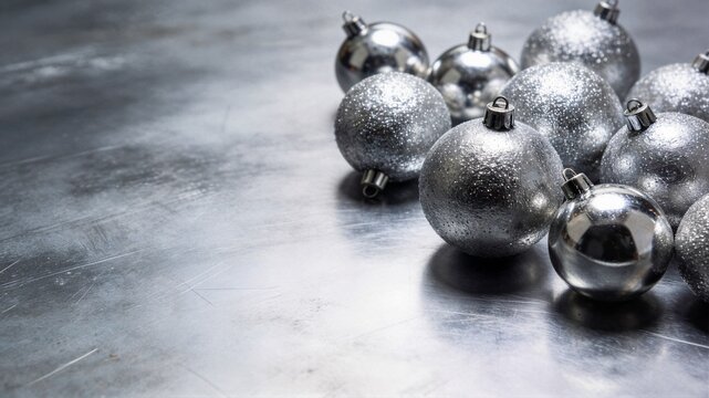 Collection of silver glitter-textured Christmas baubles in varying sizes scattered across scratched brushed metal surface creating cool industrial-chic holiday aesthetic.