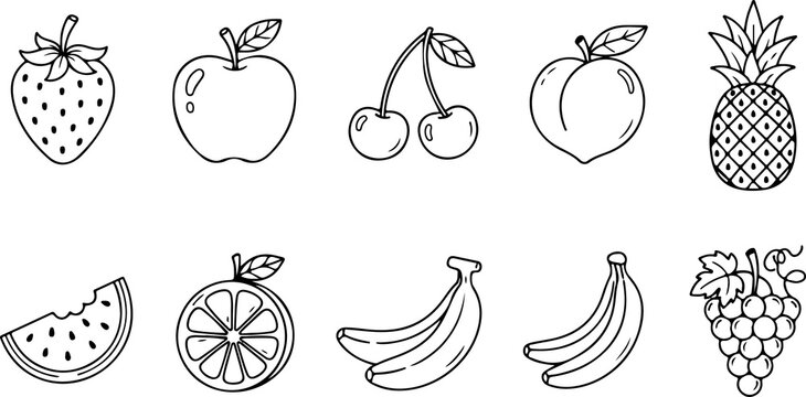 Collection of fresh fruit icons including strawberry apple cherry peach pineapple watermelon orange banana and grapes for healthy eating and recipes.