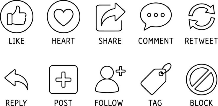Social media icons including like heart share comment retweet reply post follow tag and block for online engagement and networking.