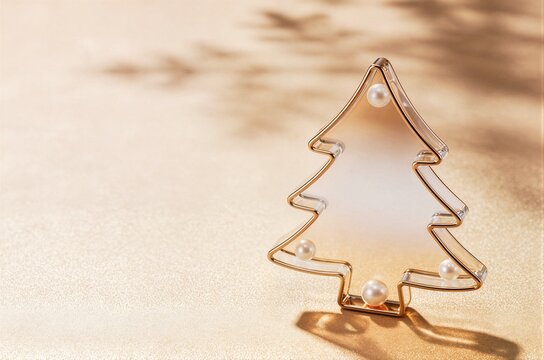 Refined gold-tone wire-outline Christmas tree figurine featuring embedded lustrous white pearls at key points along wire structure standing on glittering gold surface.