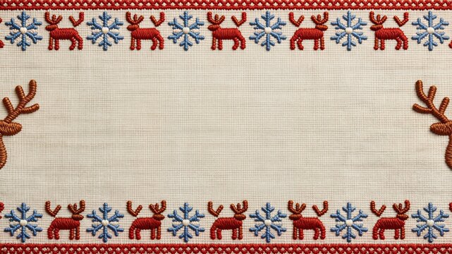 Charming folk-art style embroidered Christmas border featuring repeating patterns of brown reindeer heads and blue snowflakes stitched along top and bottom edges of linen.