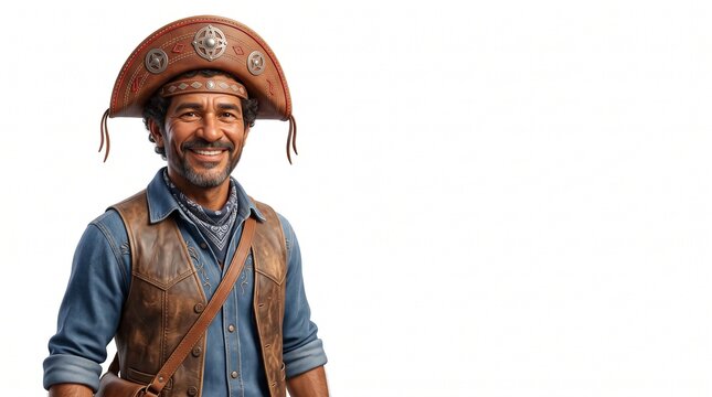 Portrait of a smiling Brazilian man wearing traditional cangaceiro leather hat and vest costume isolated on white background