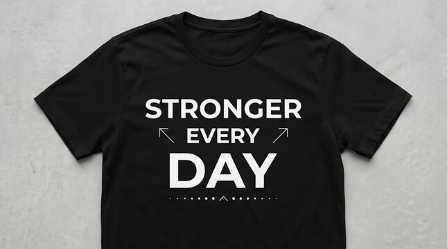 Black T-shirt with 'Stronger Every Day' graphic in white lettering and minimalist design elements during studio lighting