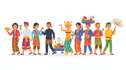 Fototapeta premium Diverse group of Indonesians wearing colorful traditional clothing for a cultural parade