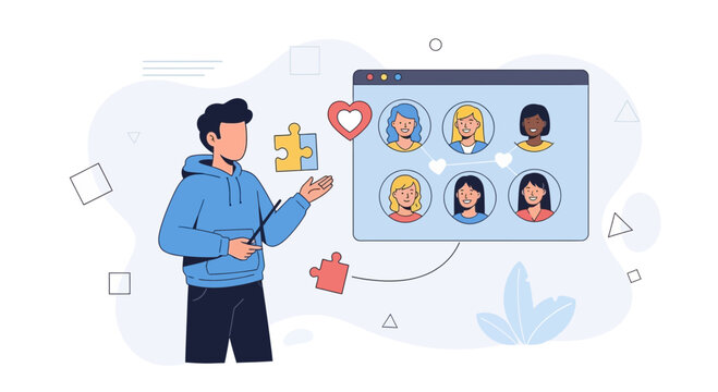 Person presenting online dating app interface with diverse profiles, connection lines, and puzzle pieces symbolizing compatibility.