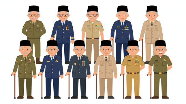 Flat character set of elderly Indonesian veterans in various military uniforms and black peci hats