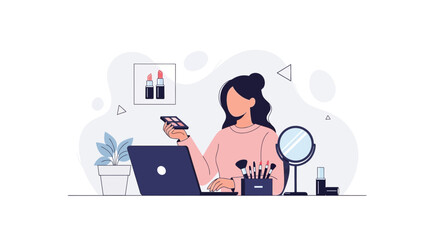 Fototapeta premium Woman applying makeup, watching tutorial on laptop, beauty influencer concept, vector illustration