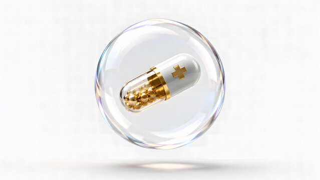 A white and gold medical capsule pill with a cross emblem floats inside a transparent glass bubble isolated on a bright white background.