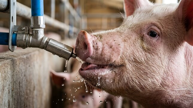 Extreme Close Up of Pig Drinking Fresh Water from Nipple Drinker Nipple