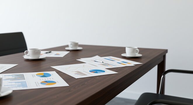 Conference Room Meeting Setup: A polished wooden conference table displays several scattered charts and graphs, alongside four white coffee cups and saucers.
