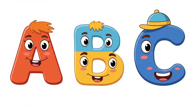 Cute ABC Letters with Faces: Adorable, animated ABC letters with playful faces and cartoon eyes, designed for children's learning and educational purposes.