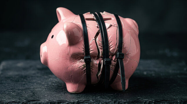 Broken piggy bank with black straps symbolizes financial pressure and challenges faced by aging population in managing savings and expenses