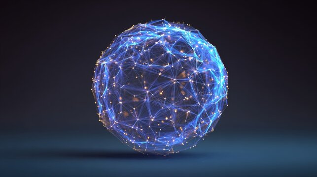 Abstract 3d sphere with glowing plexus network effect, futuristic digital surface and interconnected geometric structure creating an advanced technology background for artificial intelligence, data vi