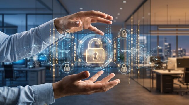 Cybersecurity with digital lock and network security icons, protecting data encryption and system audit, hands holding virtual shield against cyber threats, information technology