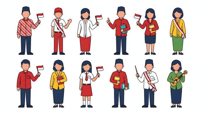 Indonesian characters in school uniforms and traditional attire celebrating national independence...