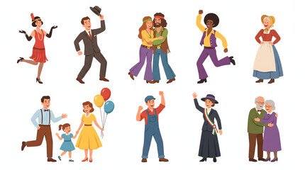 Fototapeta premium Diverse group of people wearing vintage and retro fashion costumes from different historical eras.