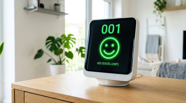Smart air quality monitor showing excellent indoor environment for urban planning in smart cities with clean air and healthy living