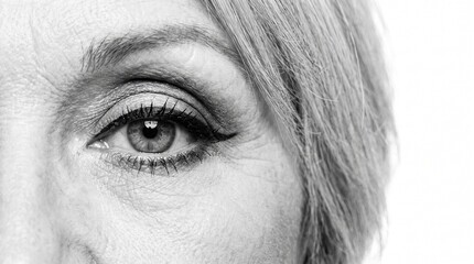 Fototapeta premium Black and White Macro Close Up of Senior Woman Eye with Makeup and Fine Lines