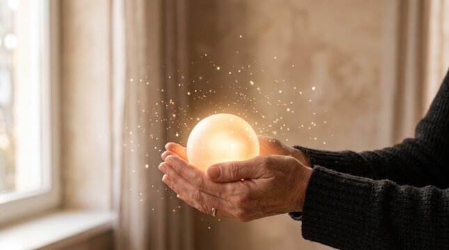 Close up of senior hands holding glowing magical light sphere, hope and healing energy, warmth and comfort, spiritual guidance, miracle and inspiration, soft natural lighting near